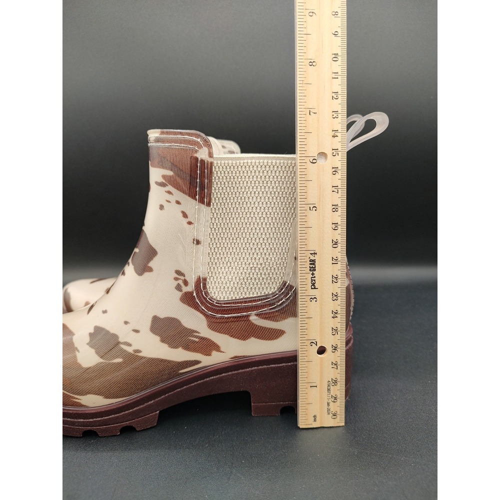London Fog Womens Cow Print Rain Boots Brown Cream Chelsea Ankle Lug Sole Size 7 - Picture 5 of 9